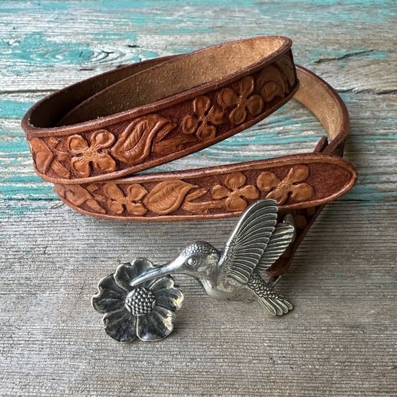 James Avery Accessories - James Avery Sterling Silver Buckle Hummingbird Floral Leather Belt 32" VTG  Rare